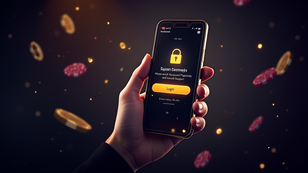 Smartphone displaying login, payments and support screens in a casino app