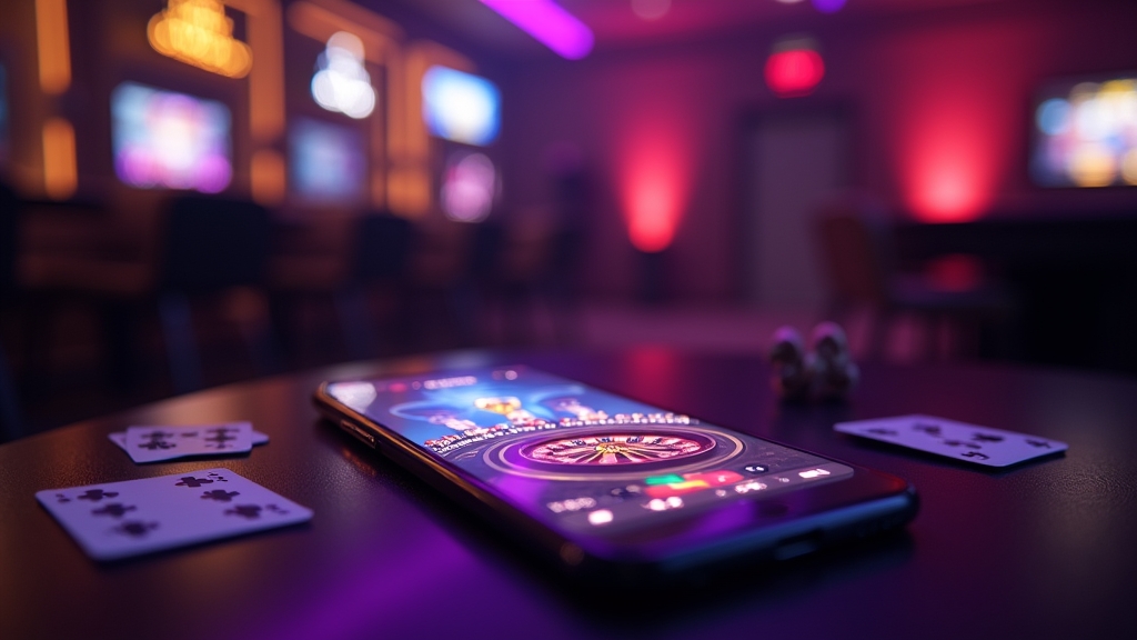 A smartphone showing a casino app in a dark neon casino setting