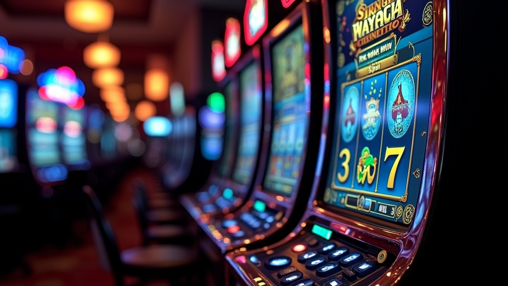 Slot demo screen showing virtual credits in a dark casino setting