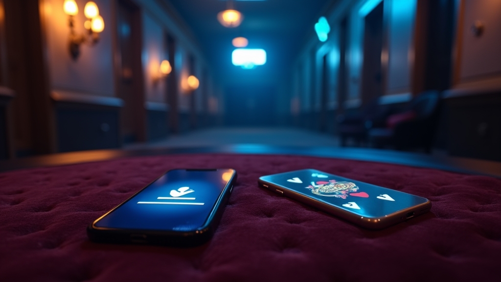Android phone and iPhone shown in a neon casino setting with download screens