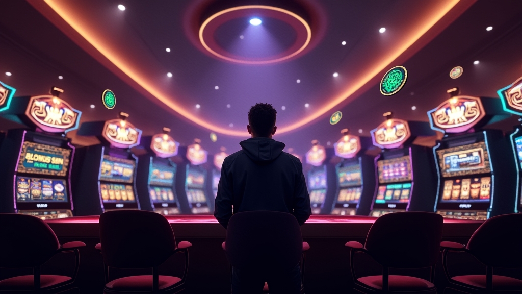 Slot reels and free spin tokens in a dark casino scene