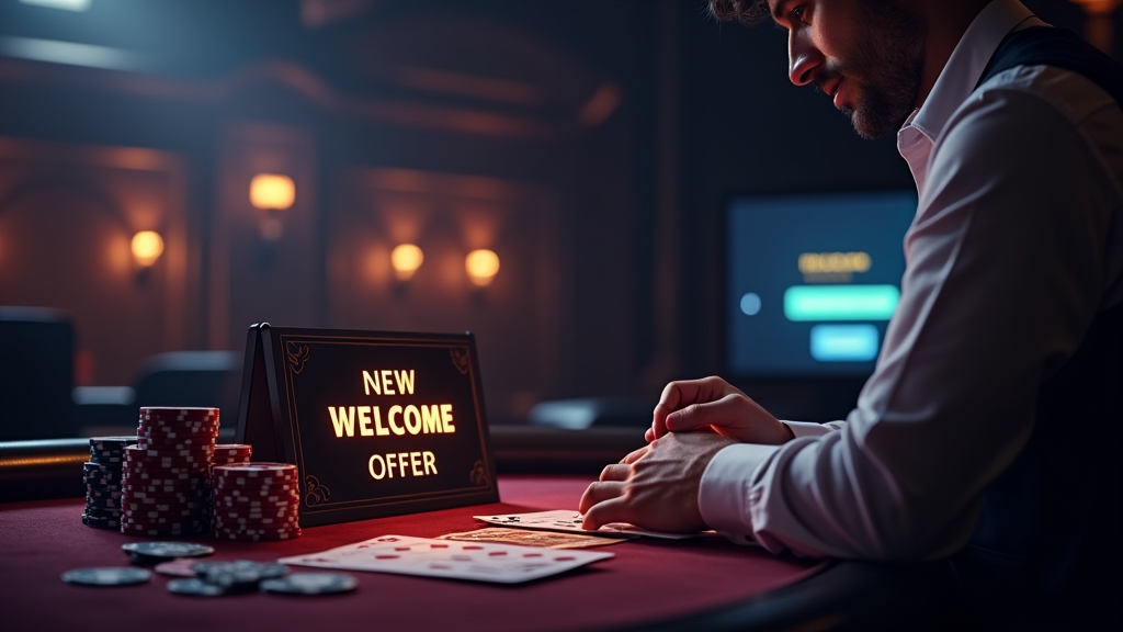 Player viewing a welcome bonus panel in a dark casino setting